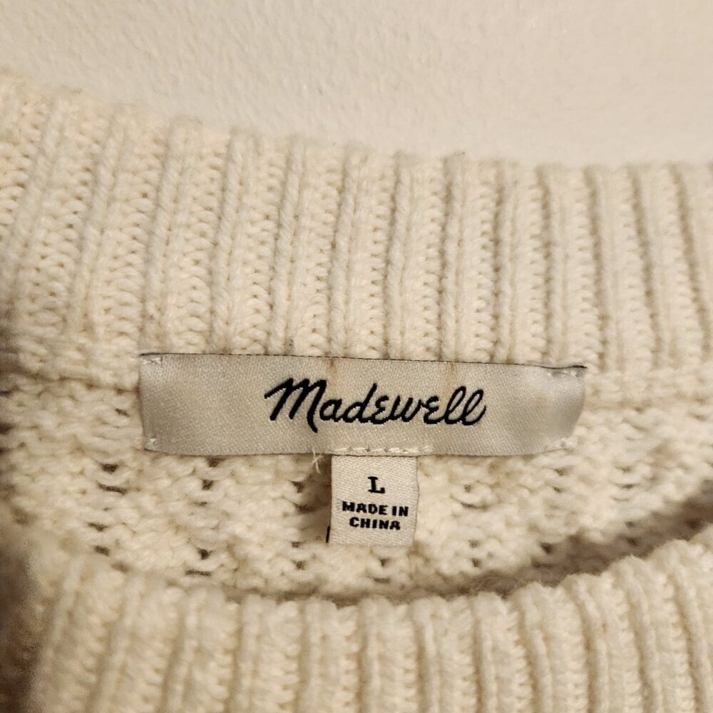 Madewell | Women's White Crewneck Knit Sweater w/ Blue Striped Trim (Size Large) - Picture 2 of 14